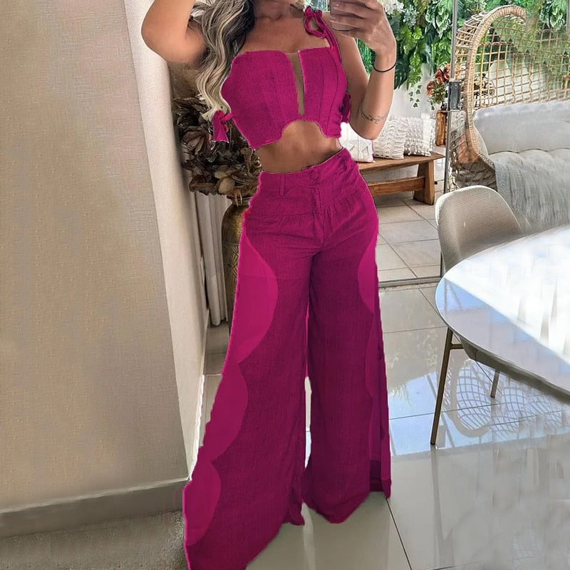 LIYONG Women Two Piece Set Summer Fashion Sexy Suspender Sleeveless Top Loose Printing Nipped Waist Pants Sets High Streetwear